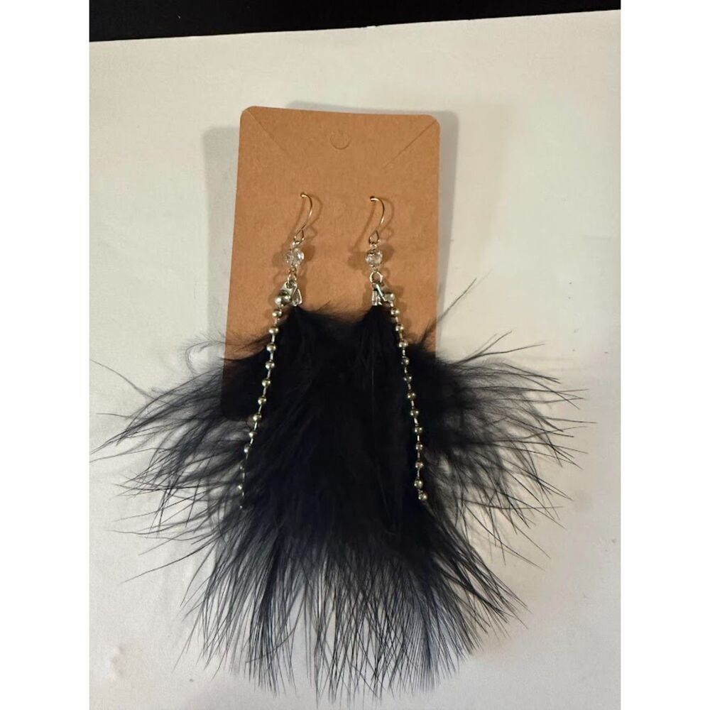 Black feather beads dangle earrings